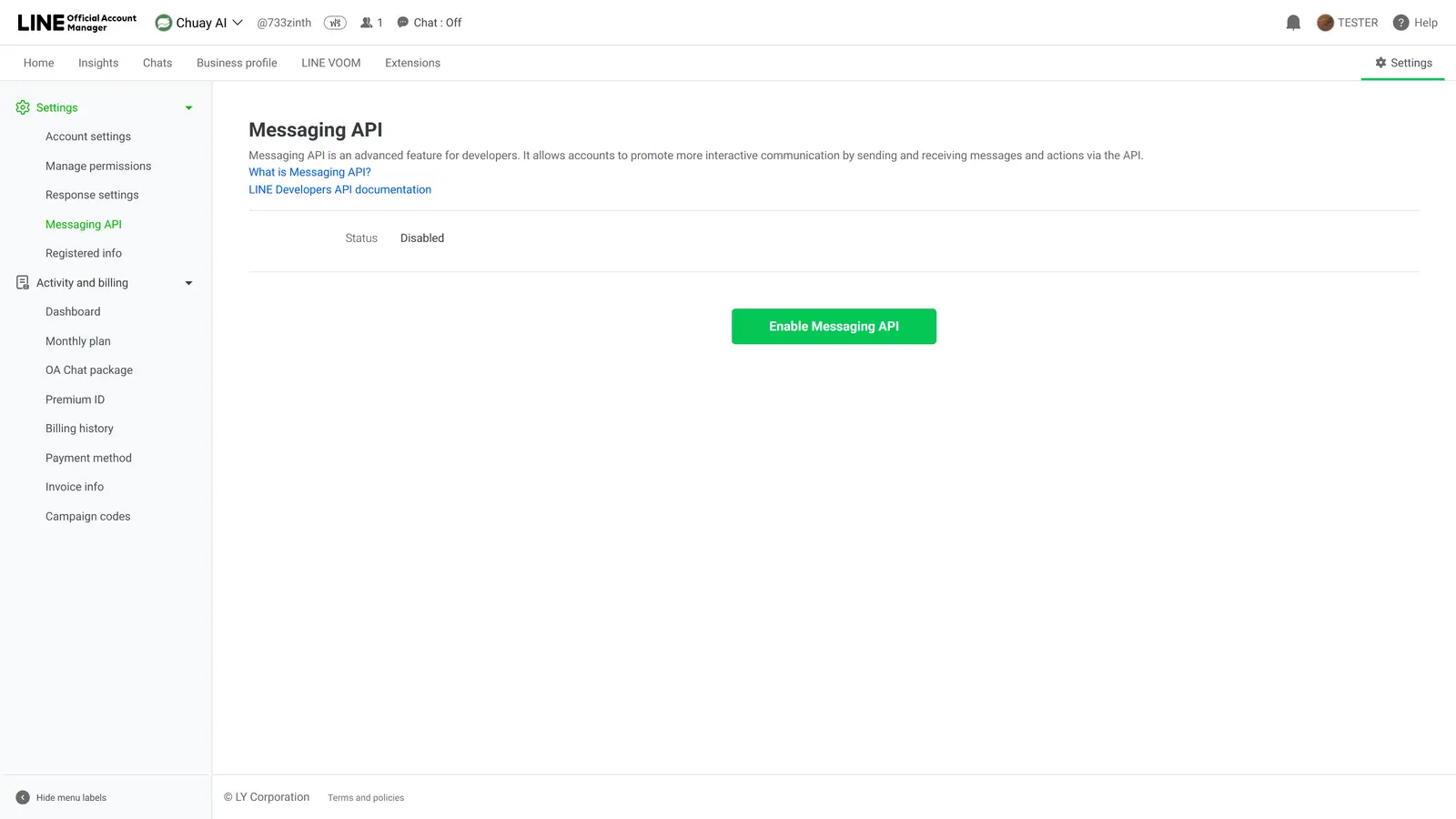 หน้า Messaging API ใน LINE Official Account Manager แสดงปุ่ม Enable Messaging API